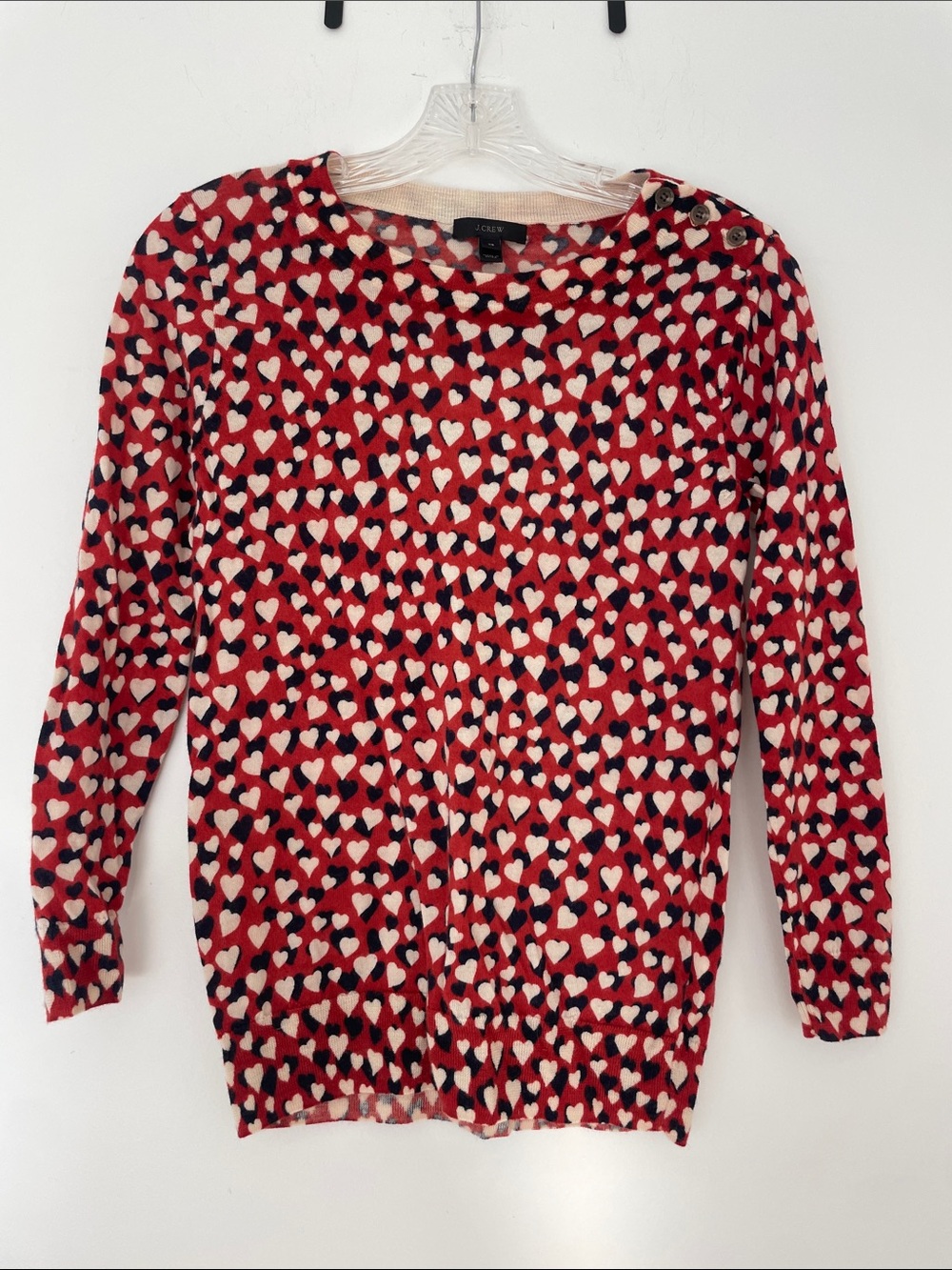 J. Crew Red Heart-Print Crewneck Sweater with Black and Cream Hearts